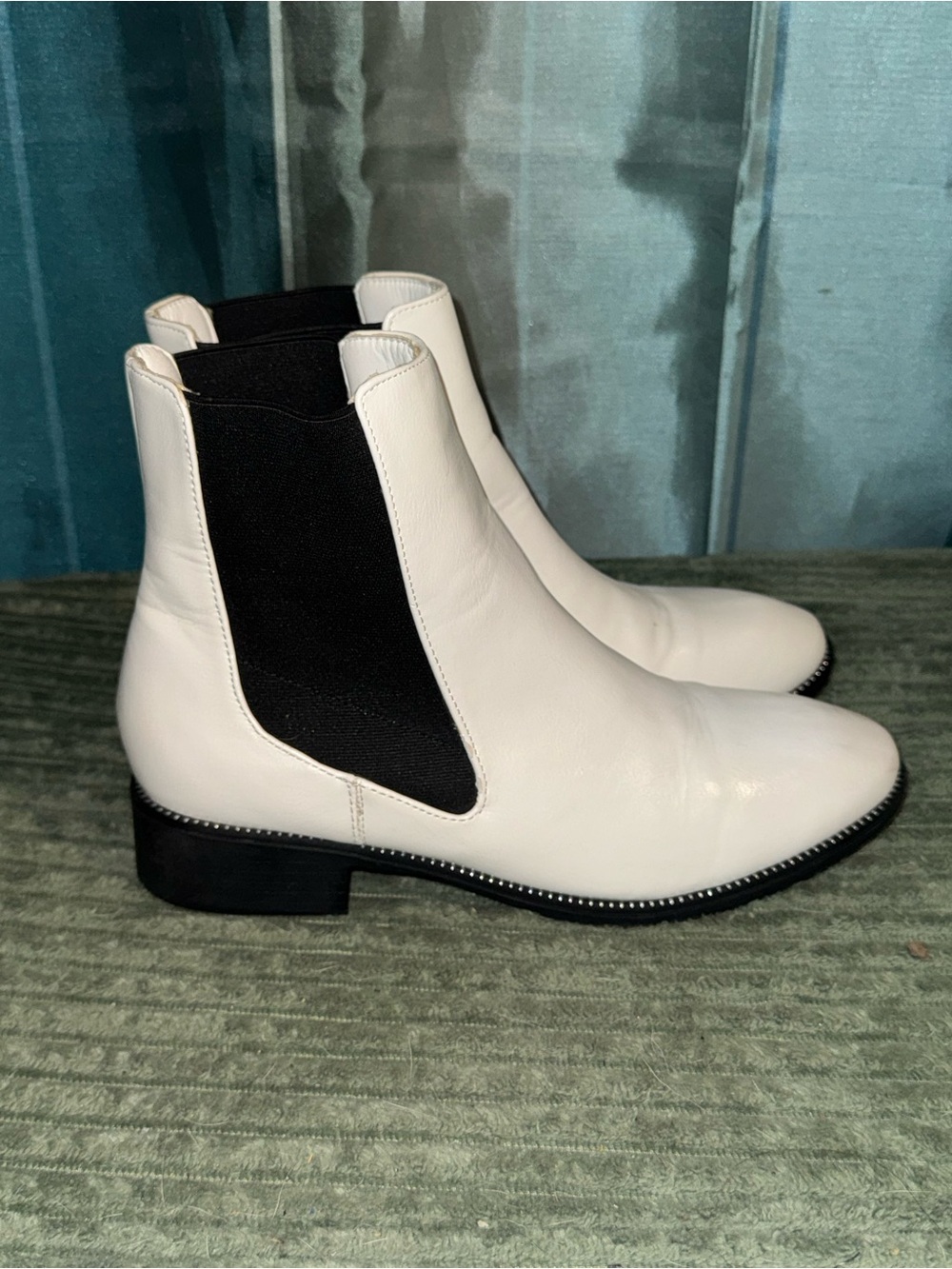 White Leather Chelsea Booties with Black Stretch Panels